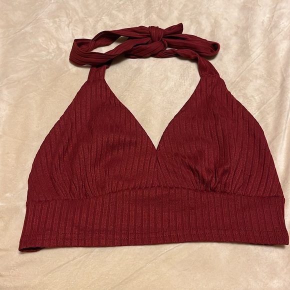 💋Sexy Rib Knit Backless Maroon Regular Fit Crop Cami Halter Top - Picture 1 of 3